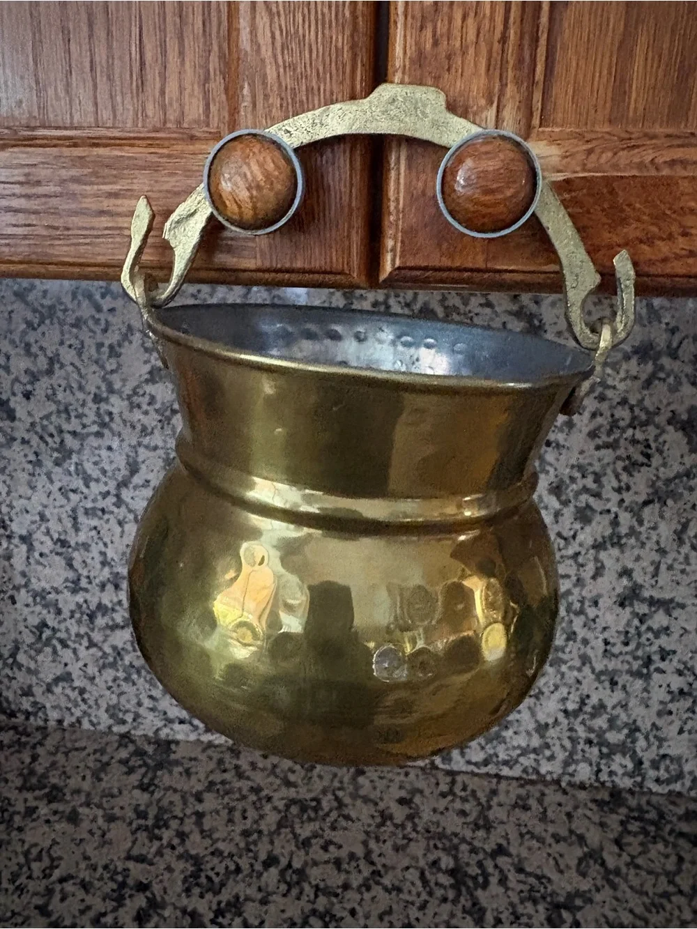Vintage Greek Brass handmade Hammered cauldron Bucket Planter w Handle #3